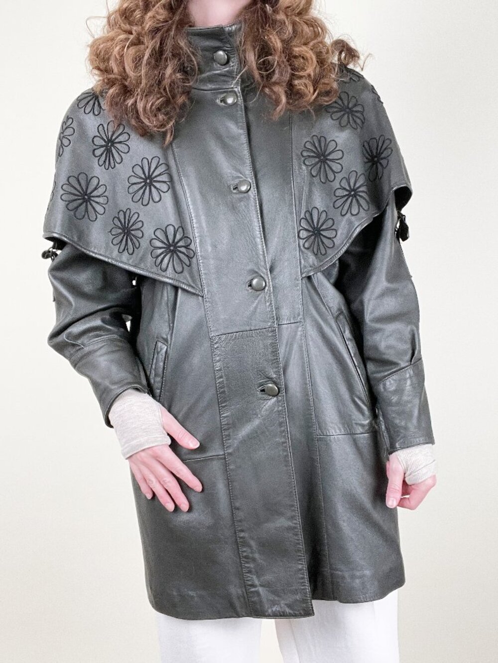 Vintage 80s Leather Jacket Coat Floral Embroidery Cape Overlay Dark Whimsigoth
